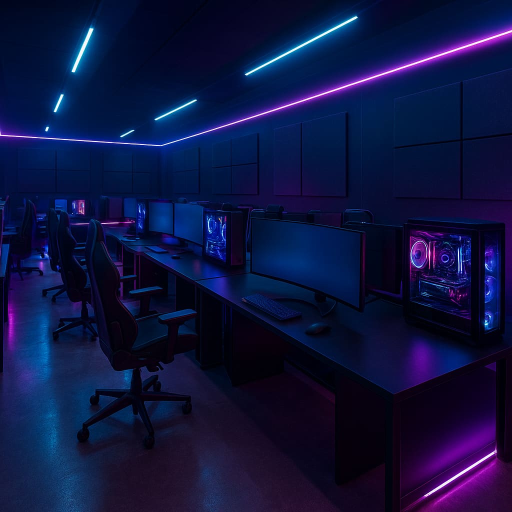Moderní interiér PC gaming studia s herními boxy