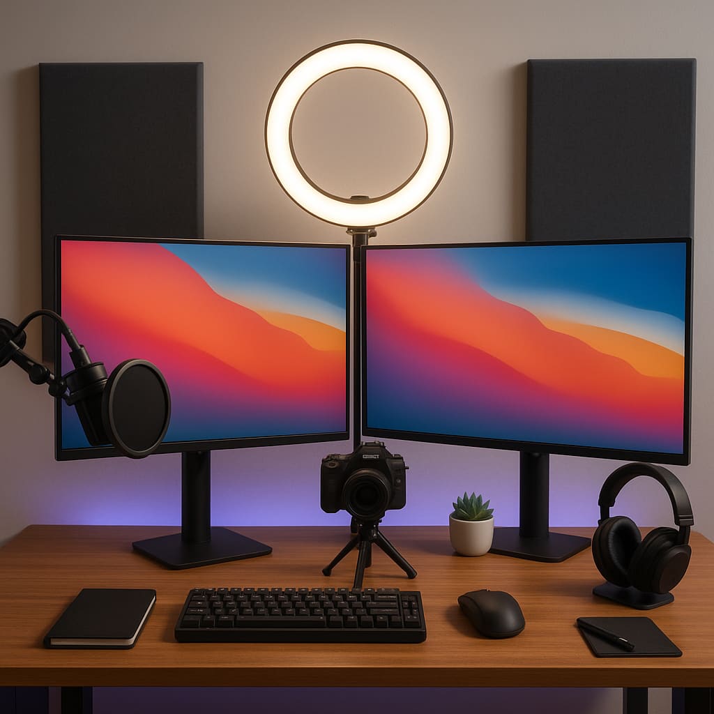 Streaming místnost s kamerou, mikrofonem a monitory